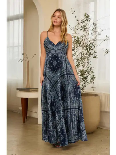 bandana maxi dress Print Pleated this maxi moves with Bardot Karoline Strapless Lace Color:Falling Floral Navy Del:5/30/2026