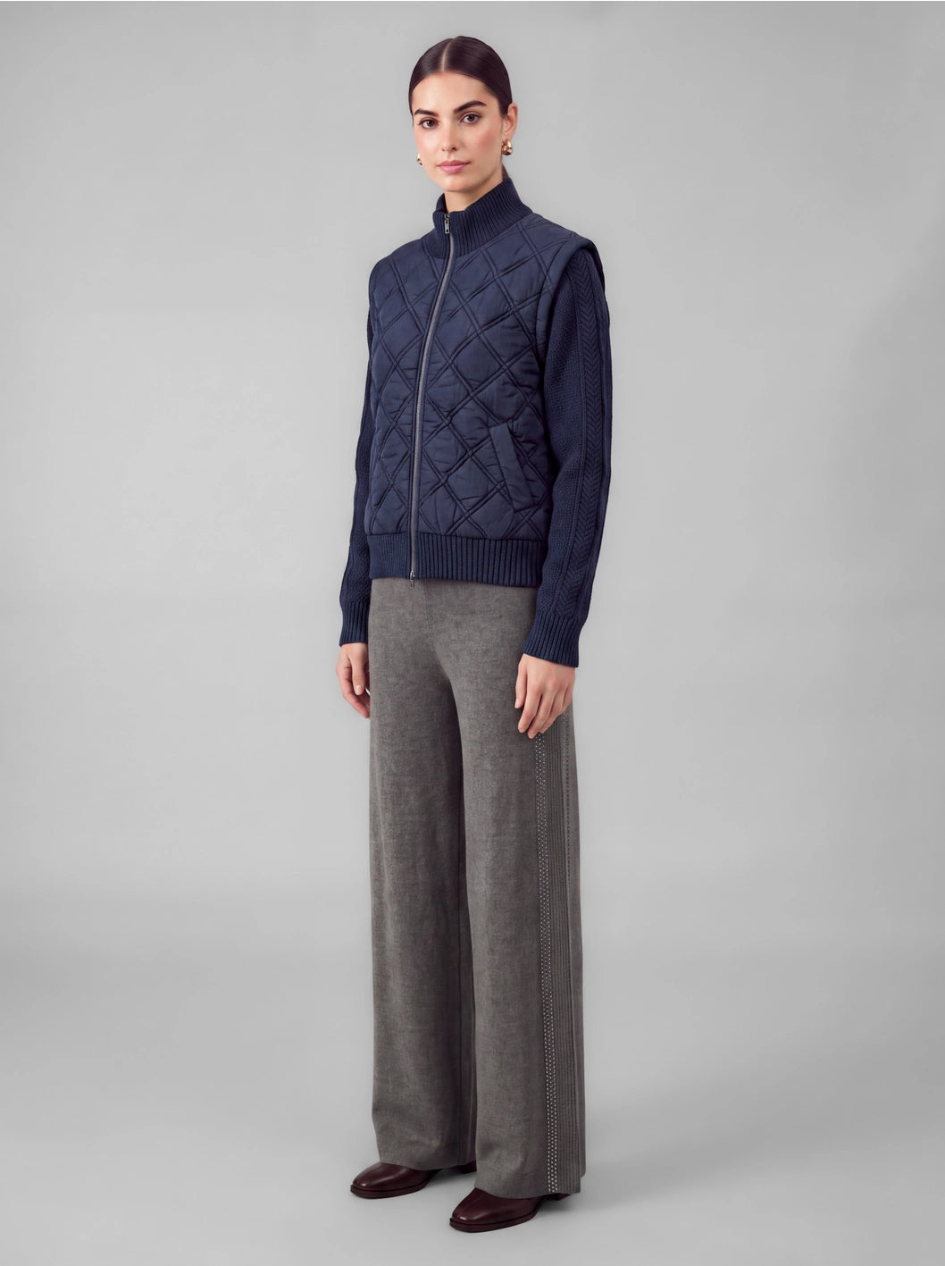 Navy Quilted &amp; Cable Knit Zip-Up Jacket