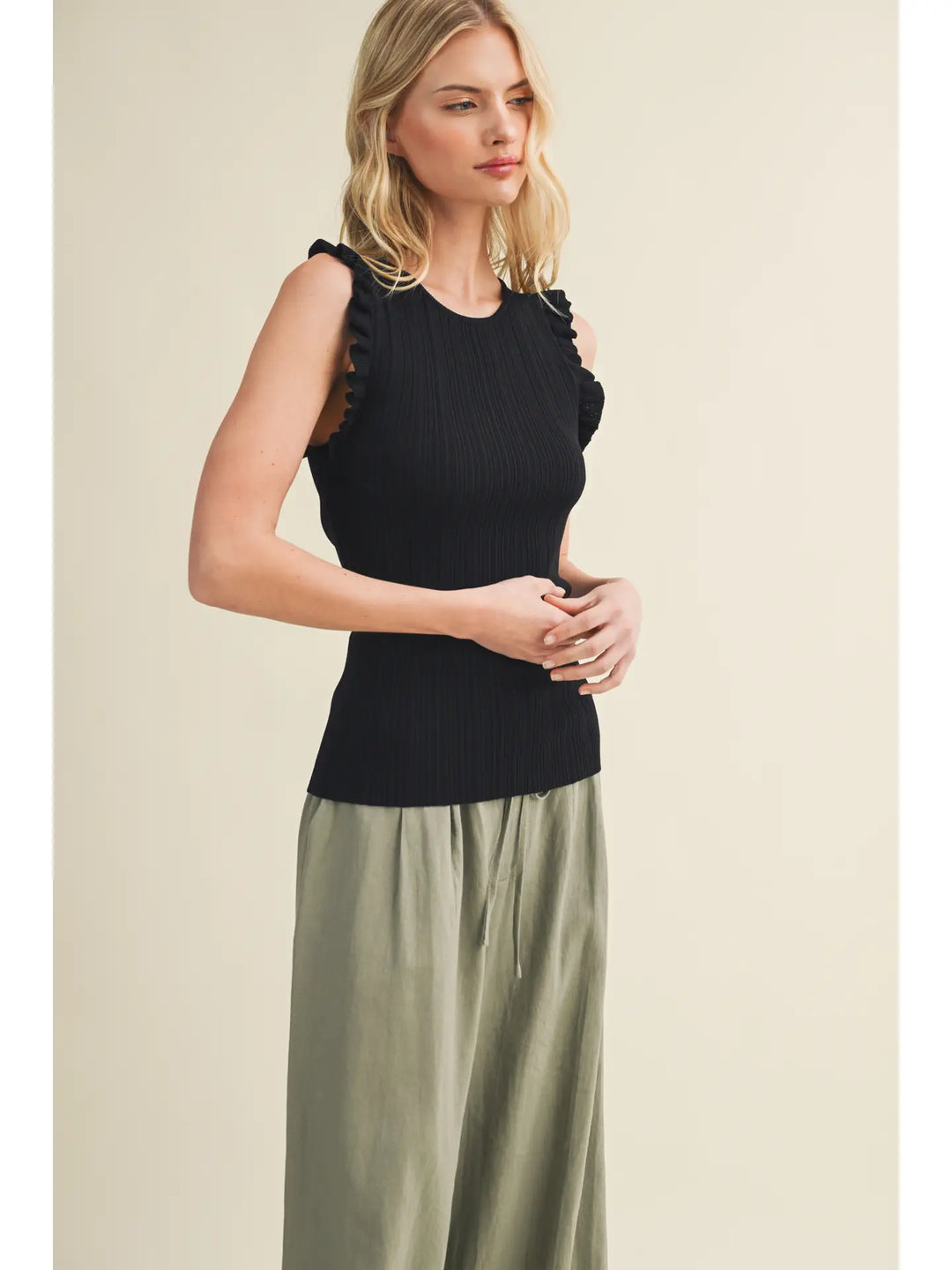 Plisse Shoulder Linear Ribbed Top