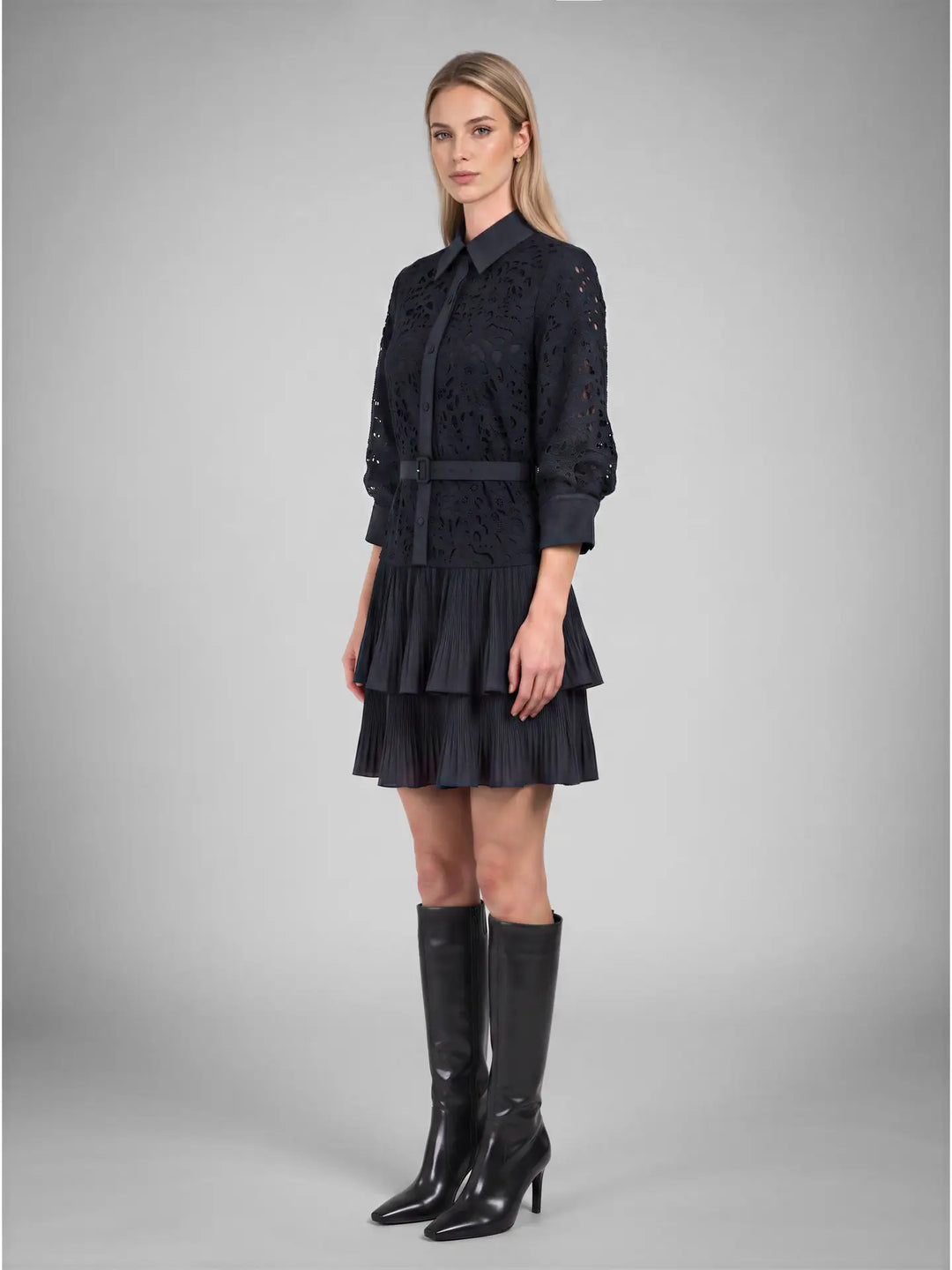 Lace Tiered Pleated Shirt Dress