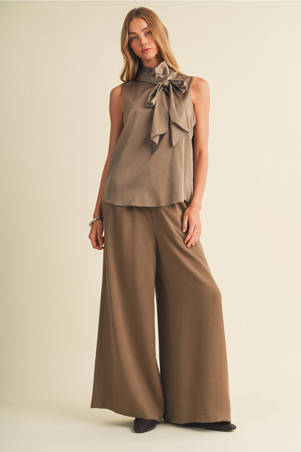 Satin Bow-Tie Mock-Neck Blouse