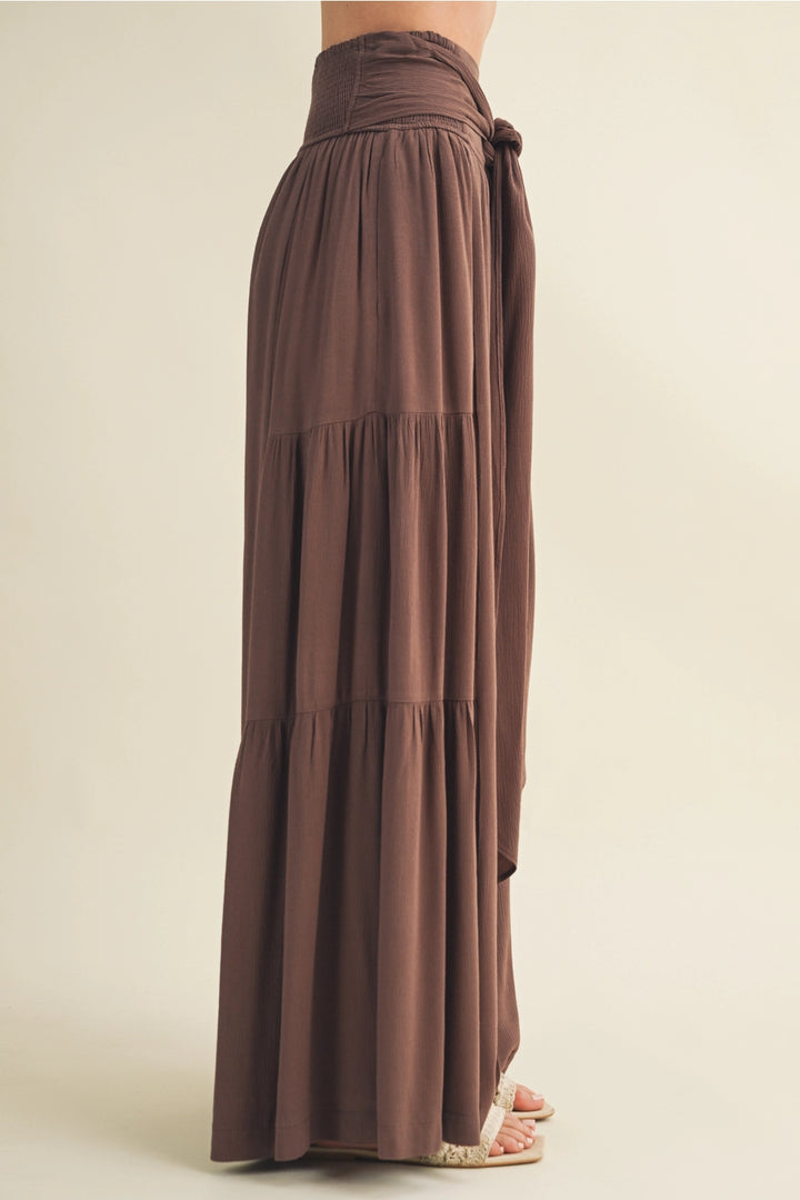 Smocked Tie-Waist Tiered Palazzo Pant