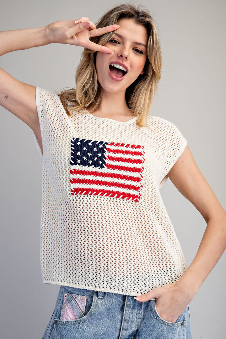Stars &amp; Stripes Knit Cap Sleeve Top