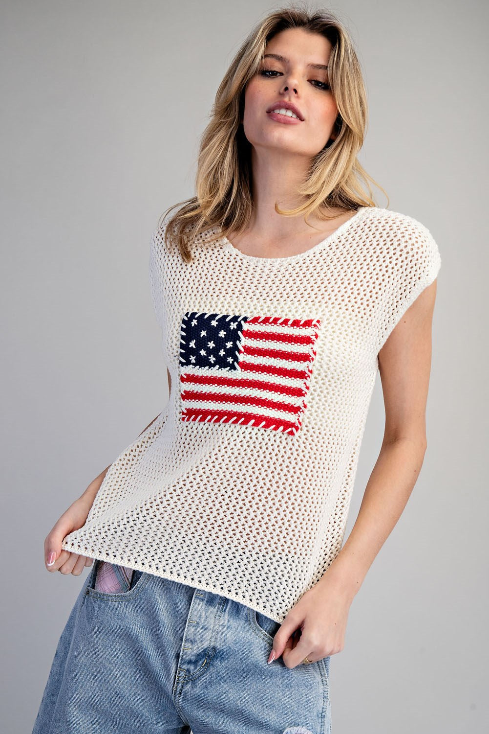 Stars &amp; Stripes Knit Cap Sleeve Top