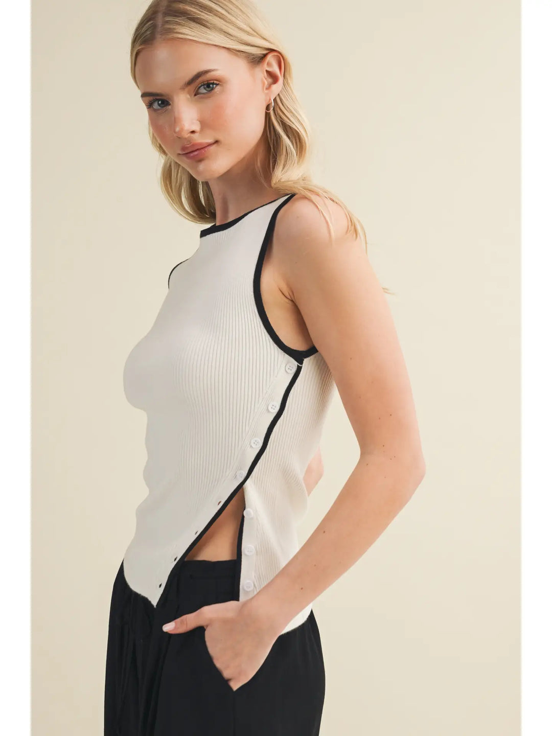 Asymmetric Button-Side Ribbed Knit Top