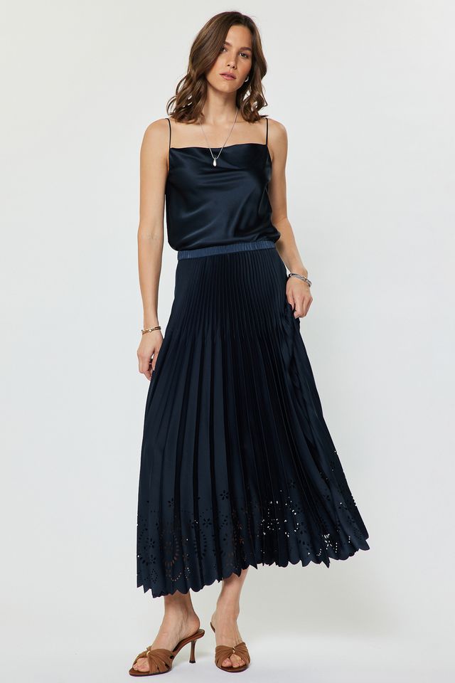 Pleated Laser Cut Maxi Skirt - Navy