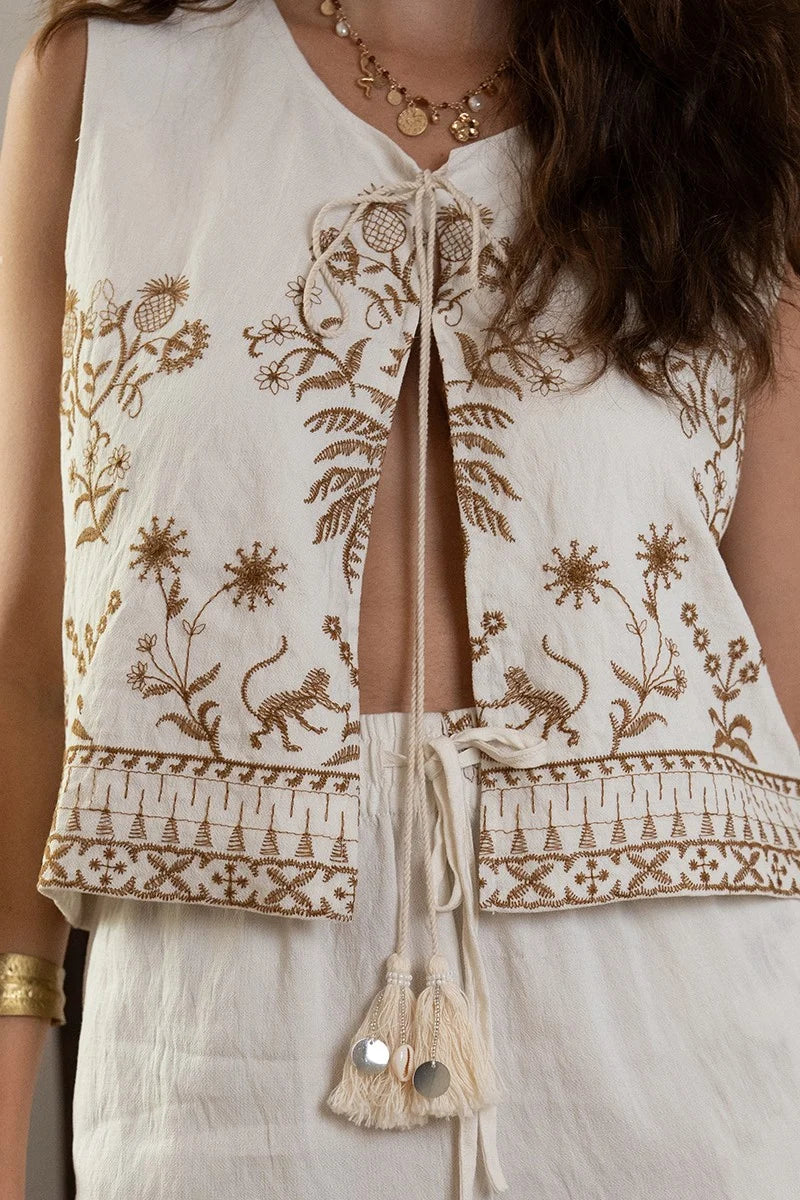 Jungle Embroidered Sleeveless Bolero