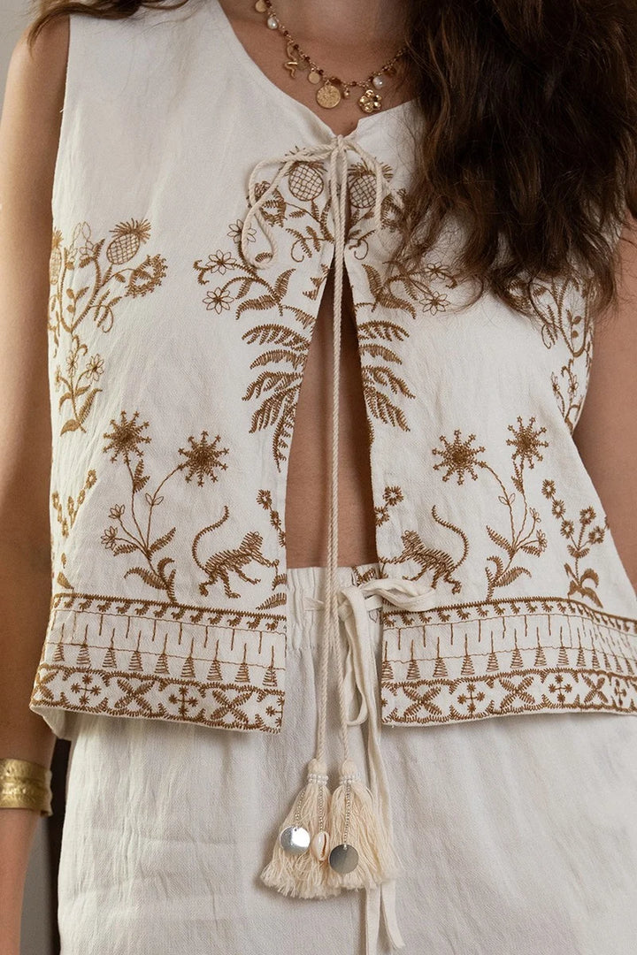 Jungle Embroidered Sleeveless Bolero