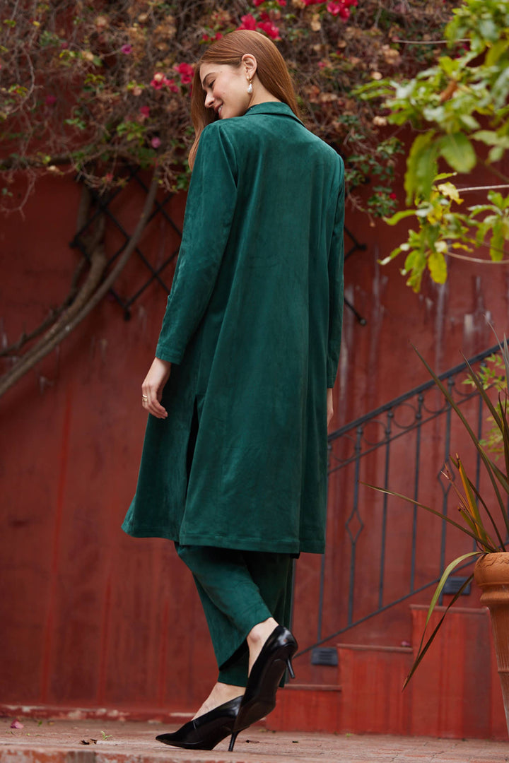 Faux Suede Duster Coat - Hunter Green