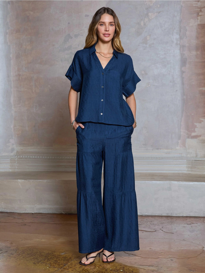 Textured Tiered Wide Leg Pants | Navy