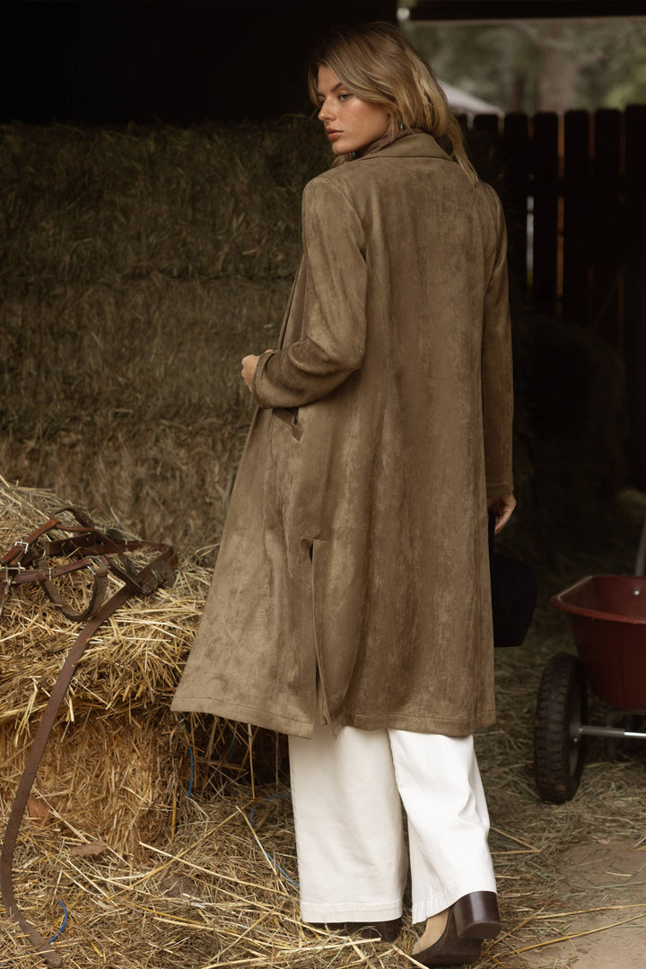 Faux Suede Duster Coat - Olive