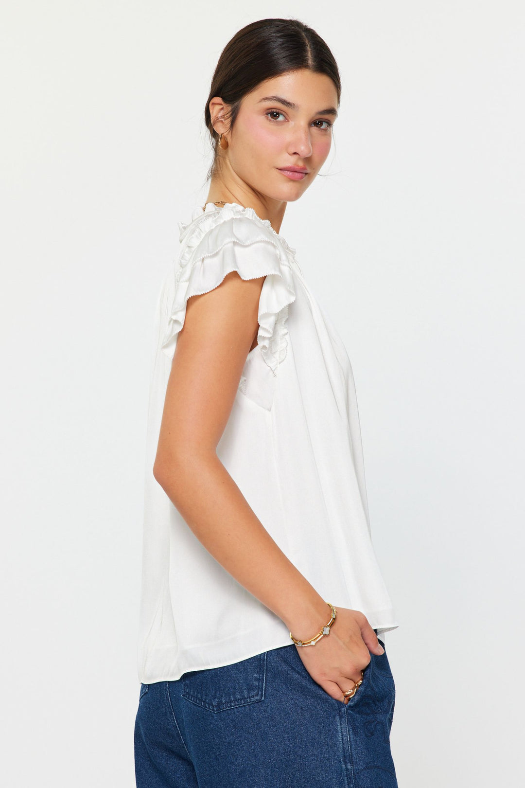 Shortsleeve Split Ruffled Neck w/ Tie Top
