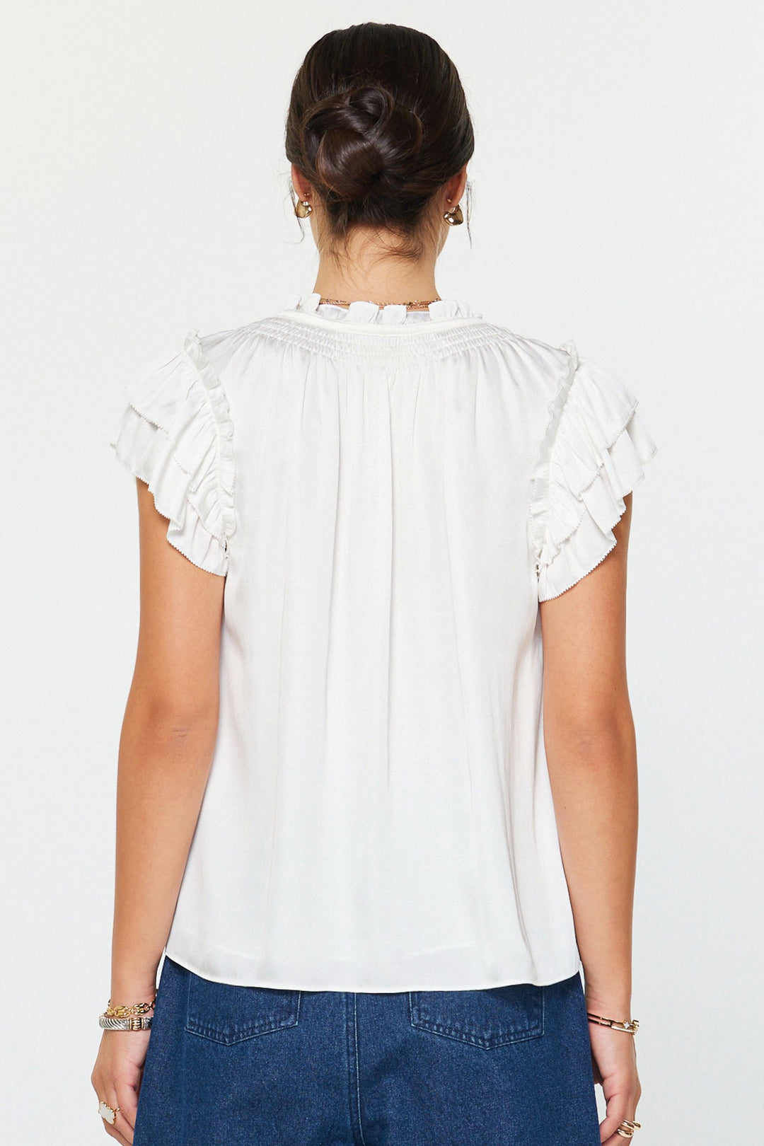 Shortsleeve Split Ruffled Neck w/ Tie Top