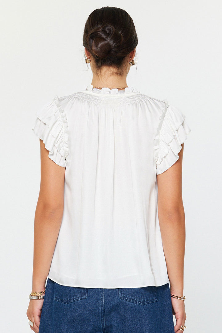 Shortsleeve Split Ruffled Neck w/ Tie Top