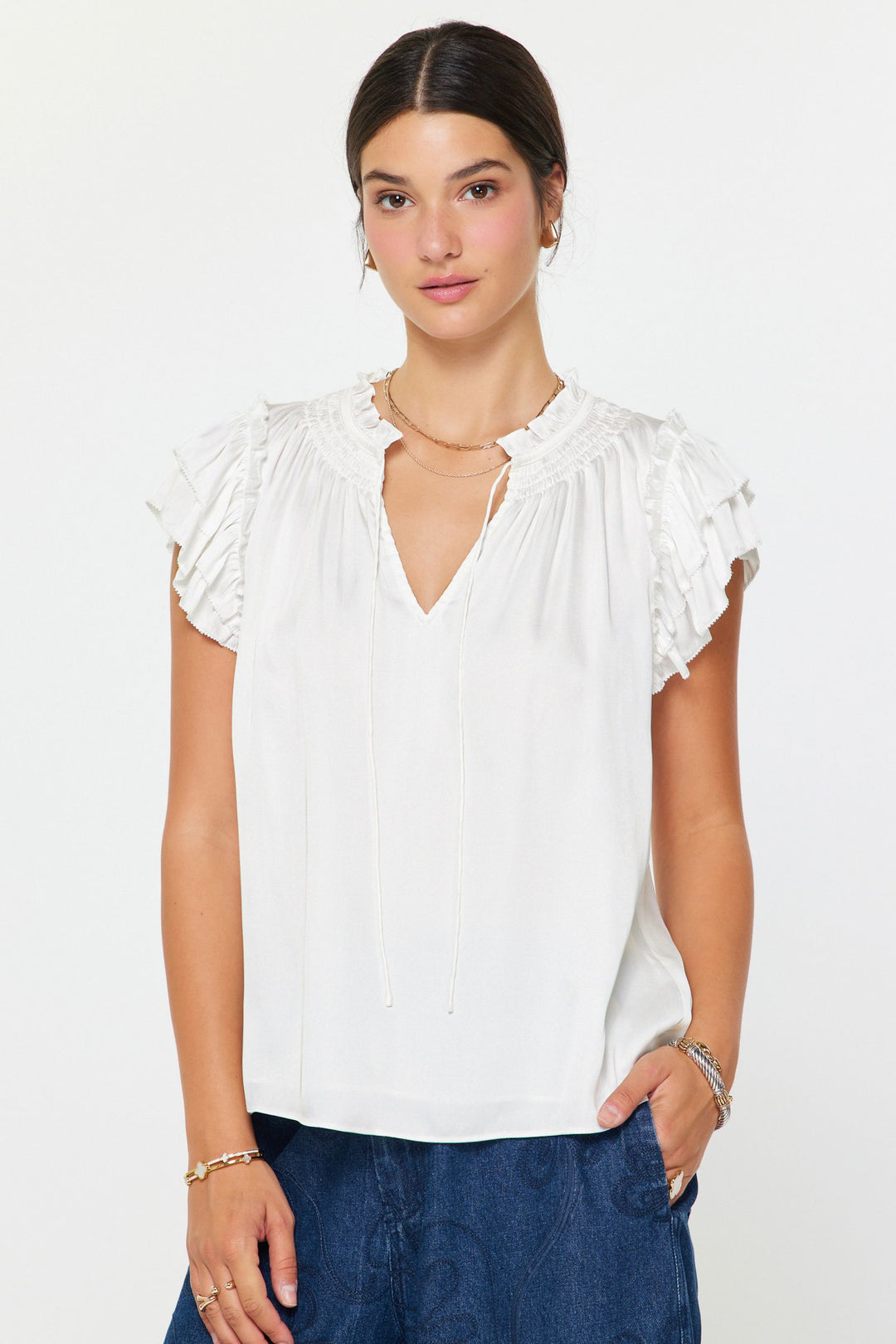 Shortsleeve Split Ruffled Neck w/ Tie Top