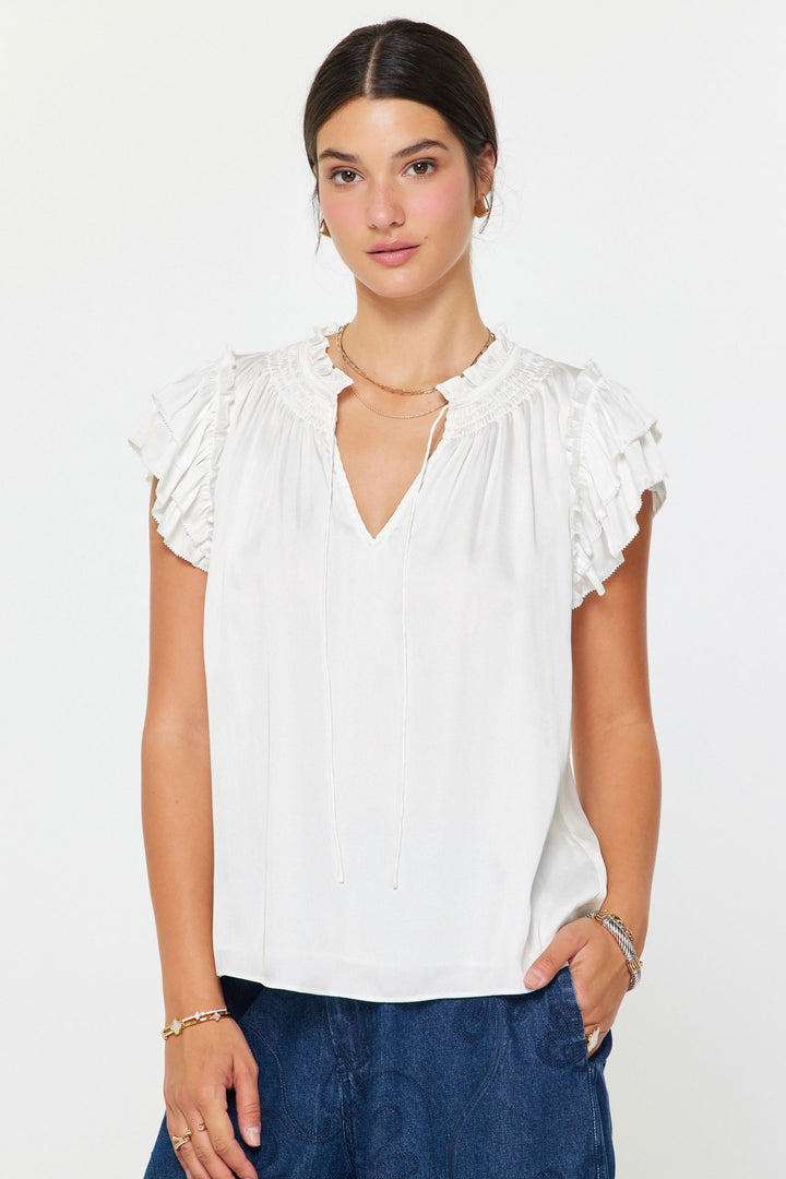 Shortsleeve Split Ruffled Neck w/ Tie Top