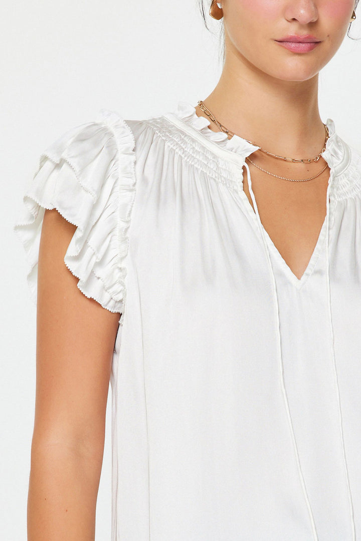 Shortsleeve Split Ruffled Neck w/ Tie Top