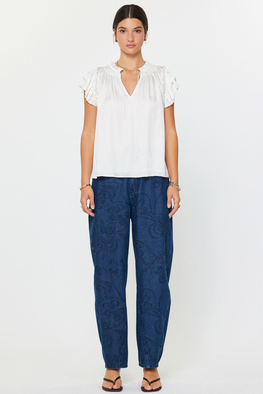 Shortsleeve Split Ruffled Neck w/ Tie Top