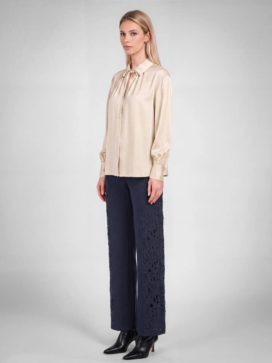Satin Tie-Neck LSlv Blouse