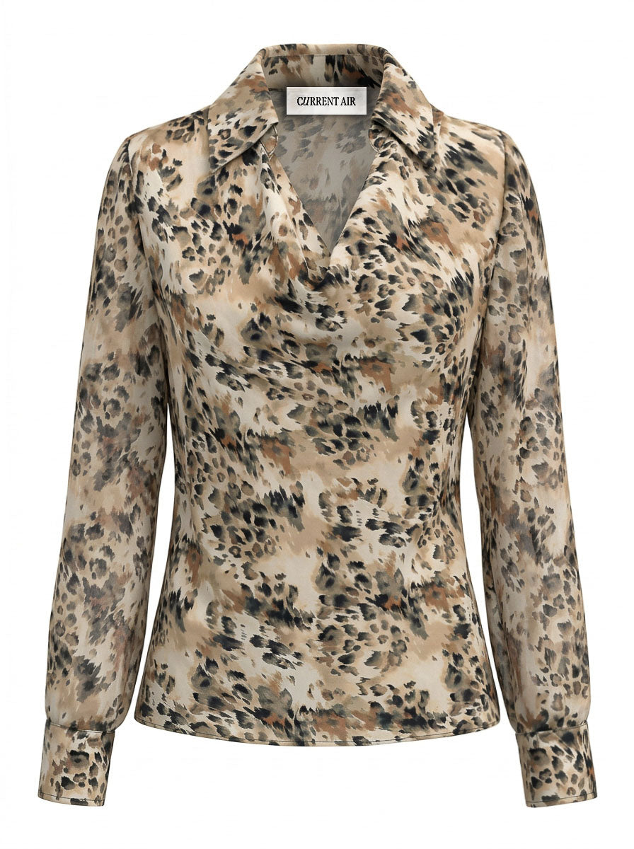 Leopard Cowl Neck Collared Blouse