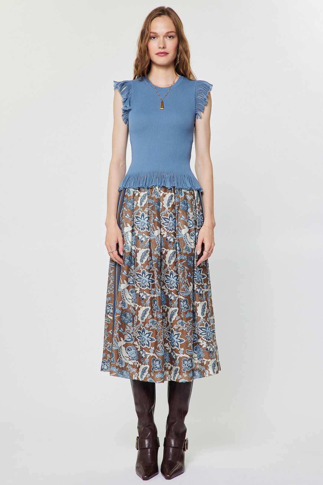 Botanical Printed A-Line Midi Skirt