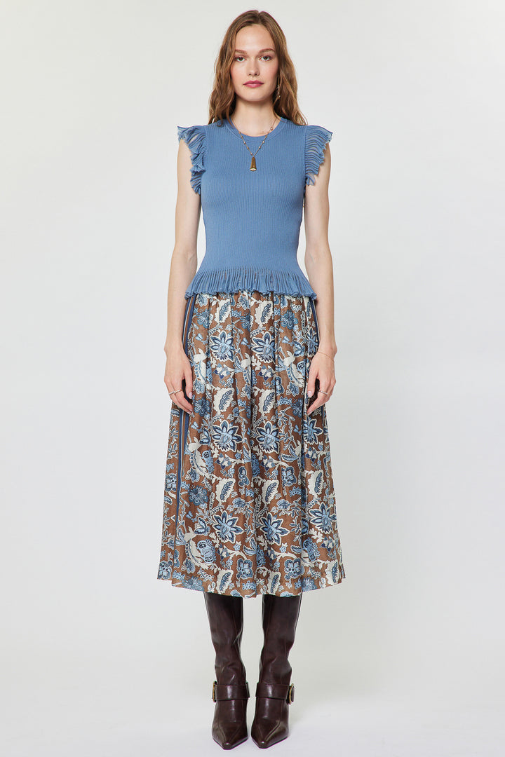 Botanical Printed A-Line Midi Skirt