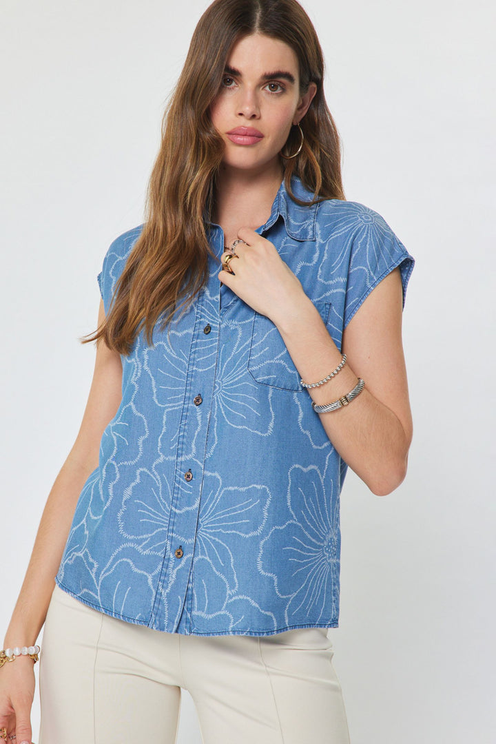 Floral Chambray Cap Sleeve Top