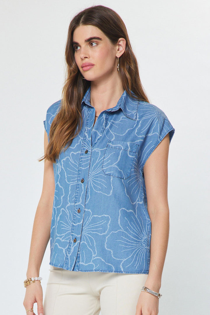 Floral Chambray Cap Sleeve Top