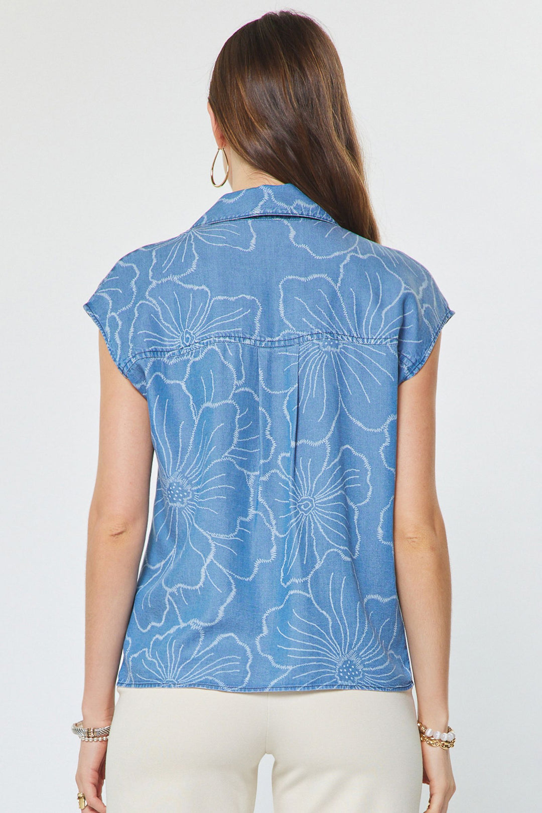 Floral Chambray Cap Sleeve Top