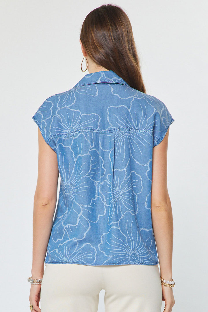 Floral Chambray Cap Sleeve Top