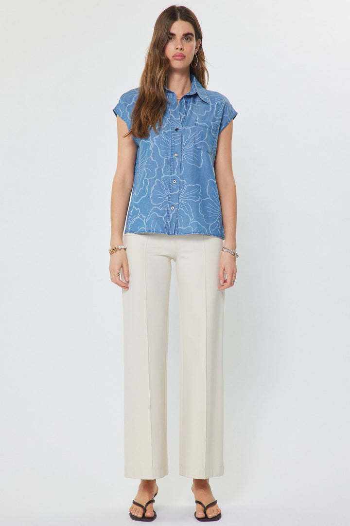 Floral Chambray Cap Sleeve Top