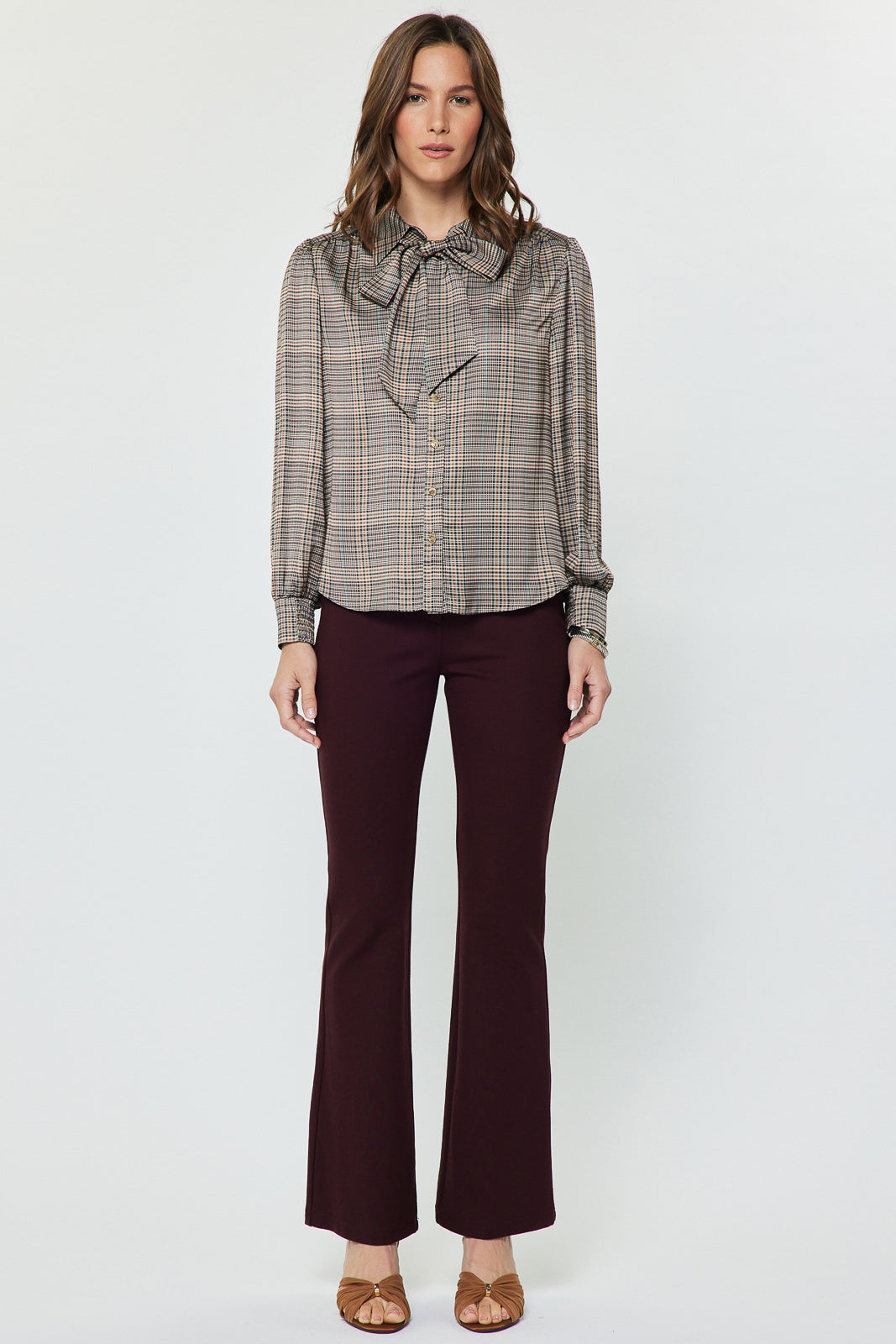 Plaid LS Button Down Self NeckTie Top
