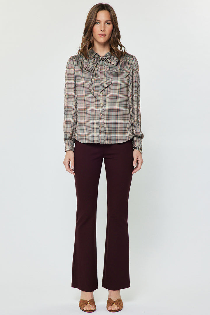 Plaid LS Button Down Self NeckTie Top