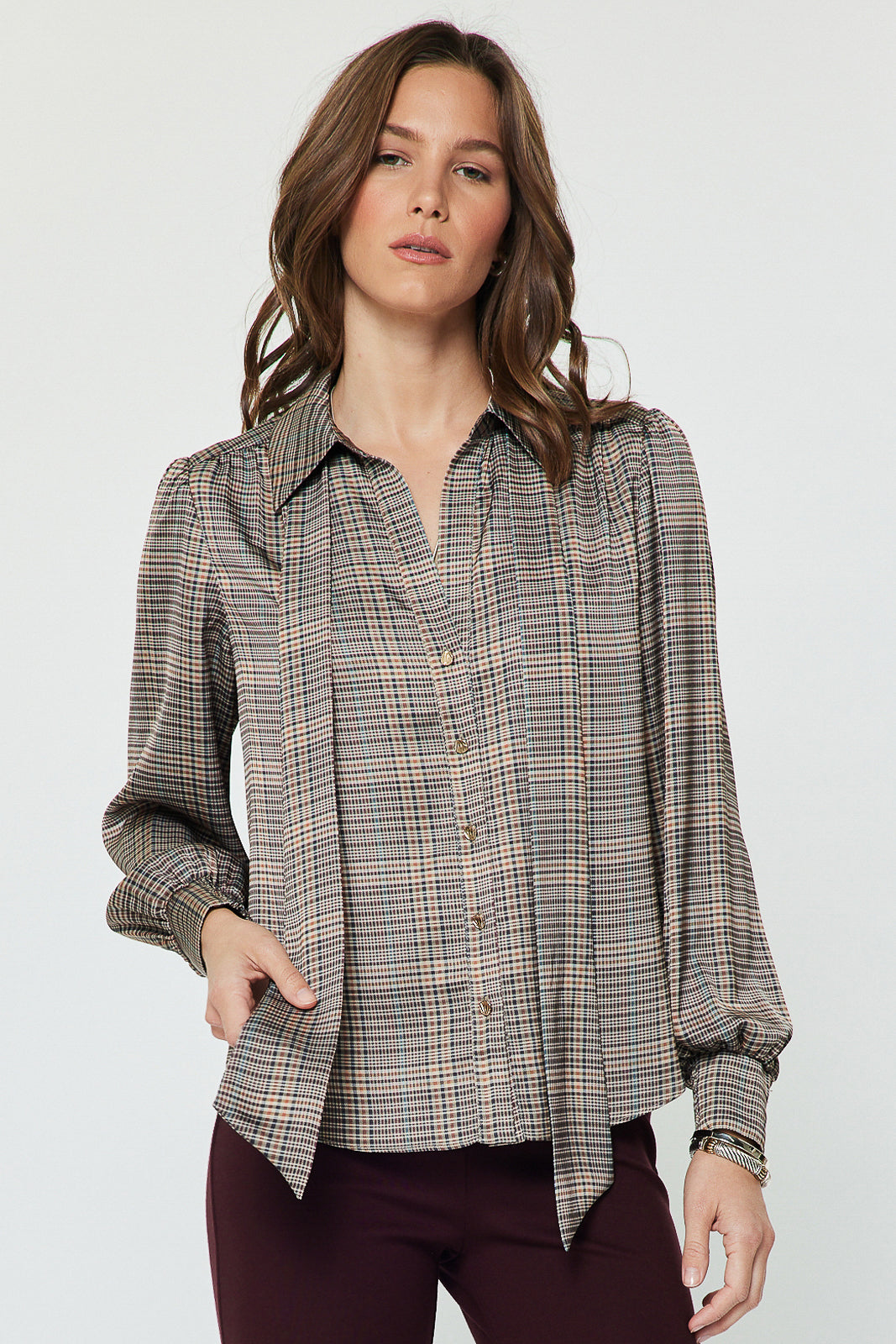 Plaid LS Button Down Self NeckTie Top