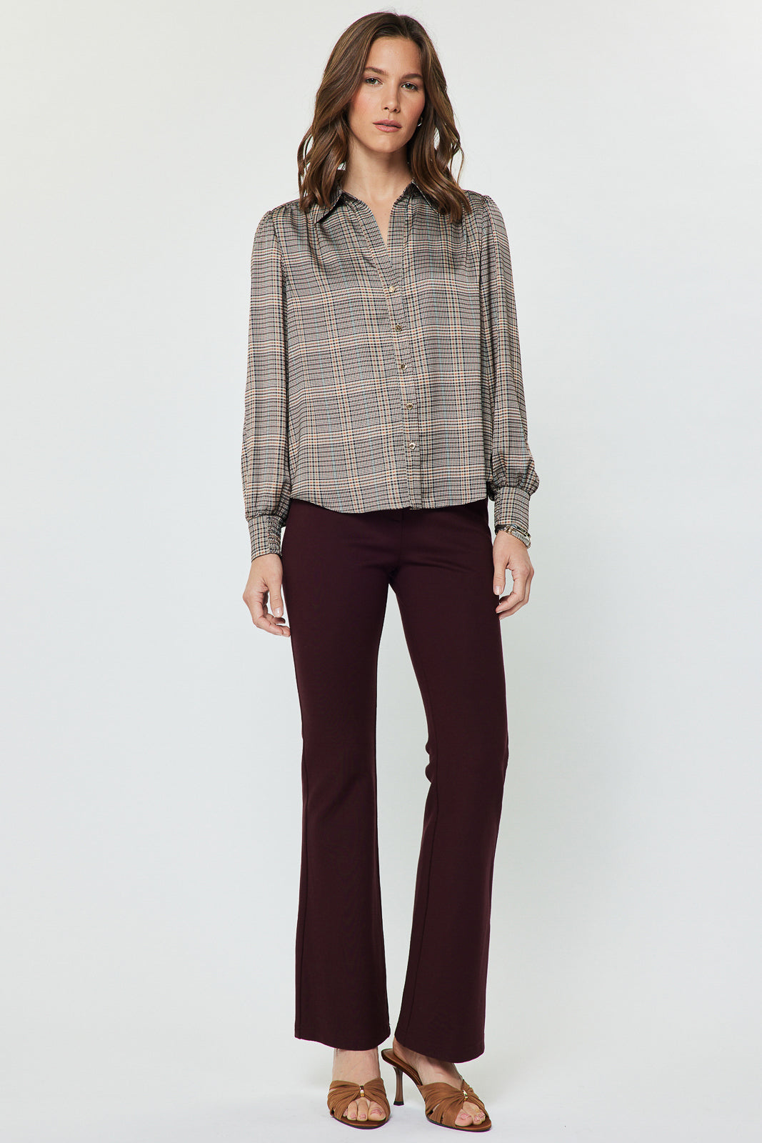 Plaid LS Button Down Self NeckTie Top