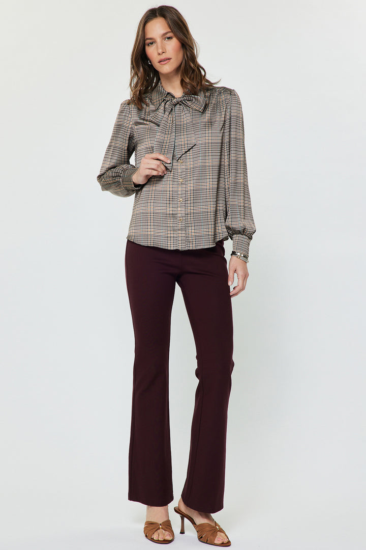 Plaid LS Button Down Self NeckTie Top