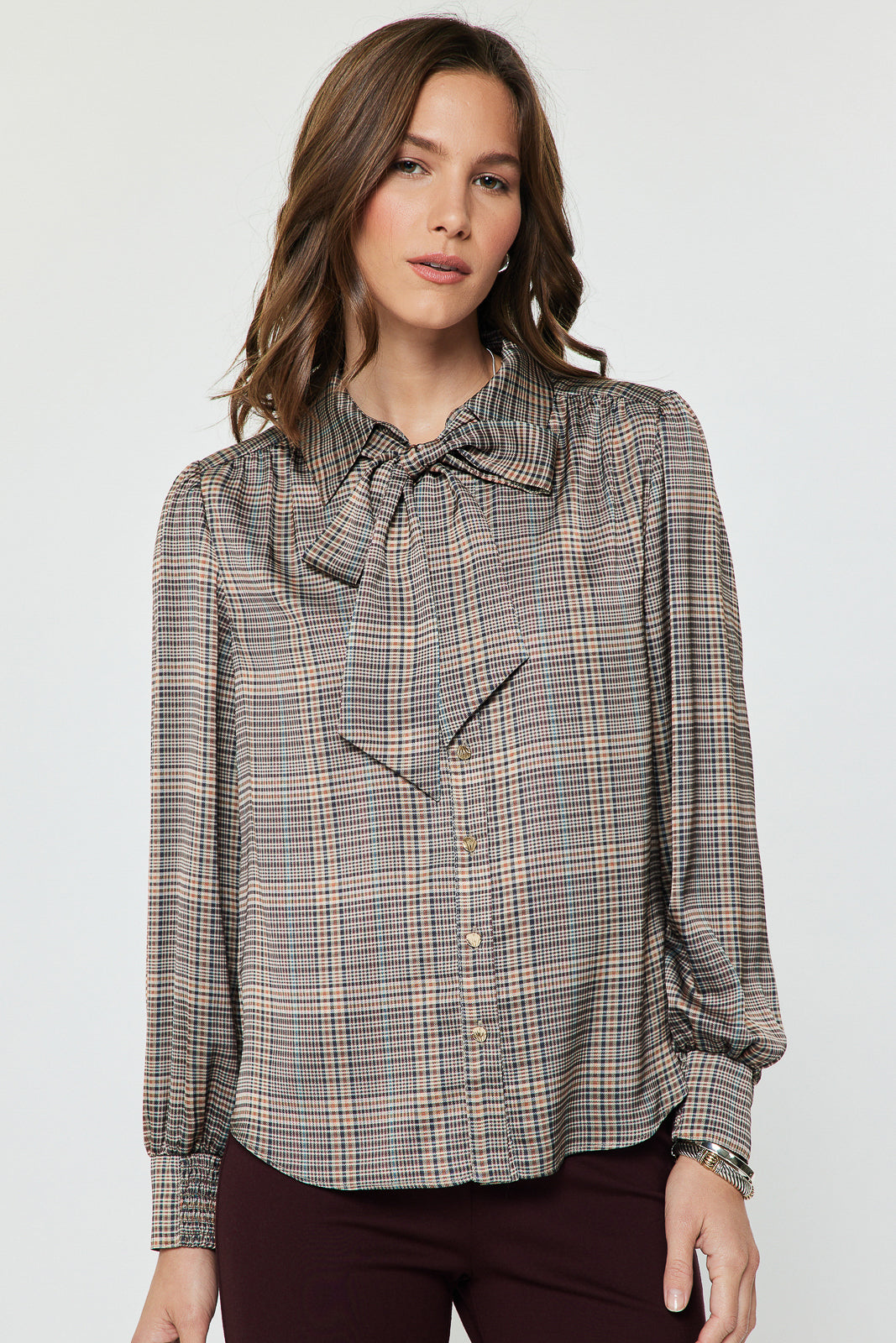 Plaid LS Button Down Self NeckTie Top