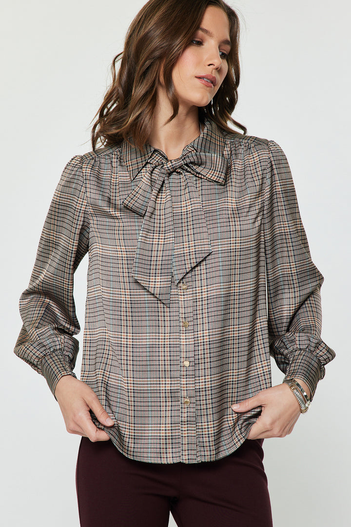Plaid LS Button Down Self NeckTie Top