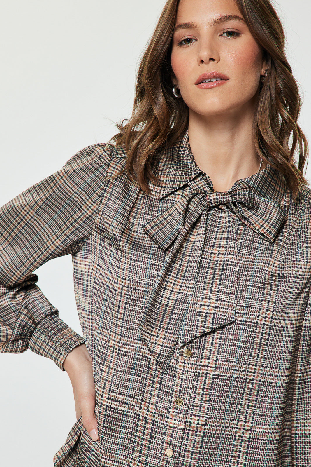 Plaid LS Button Down Self NeckTie Top