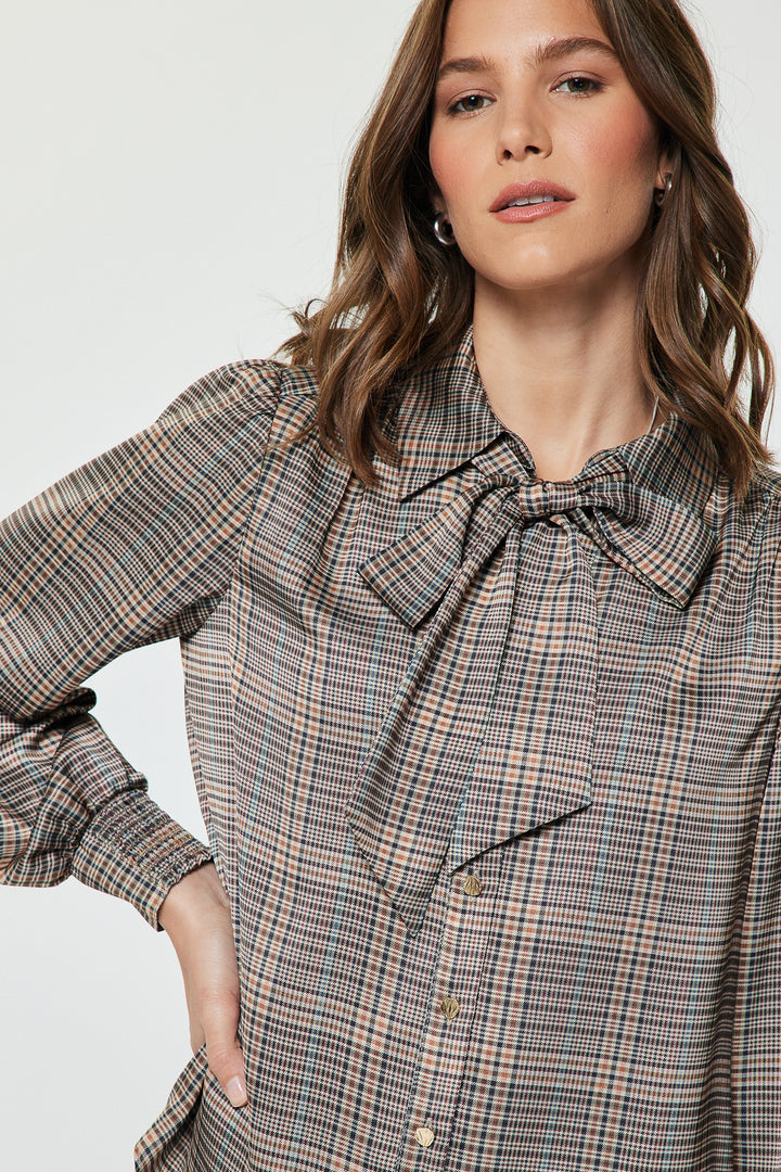 Plaid LS Button Down Self NeckTie Top