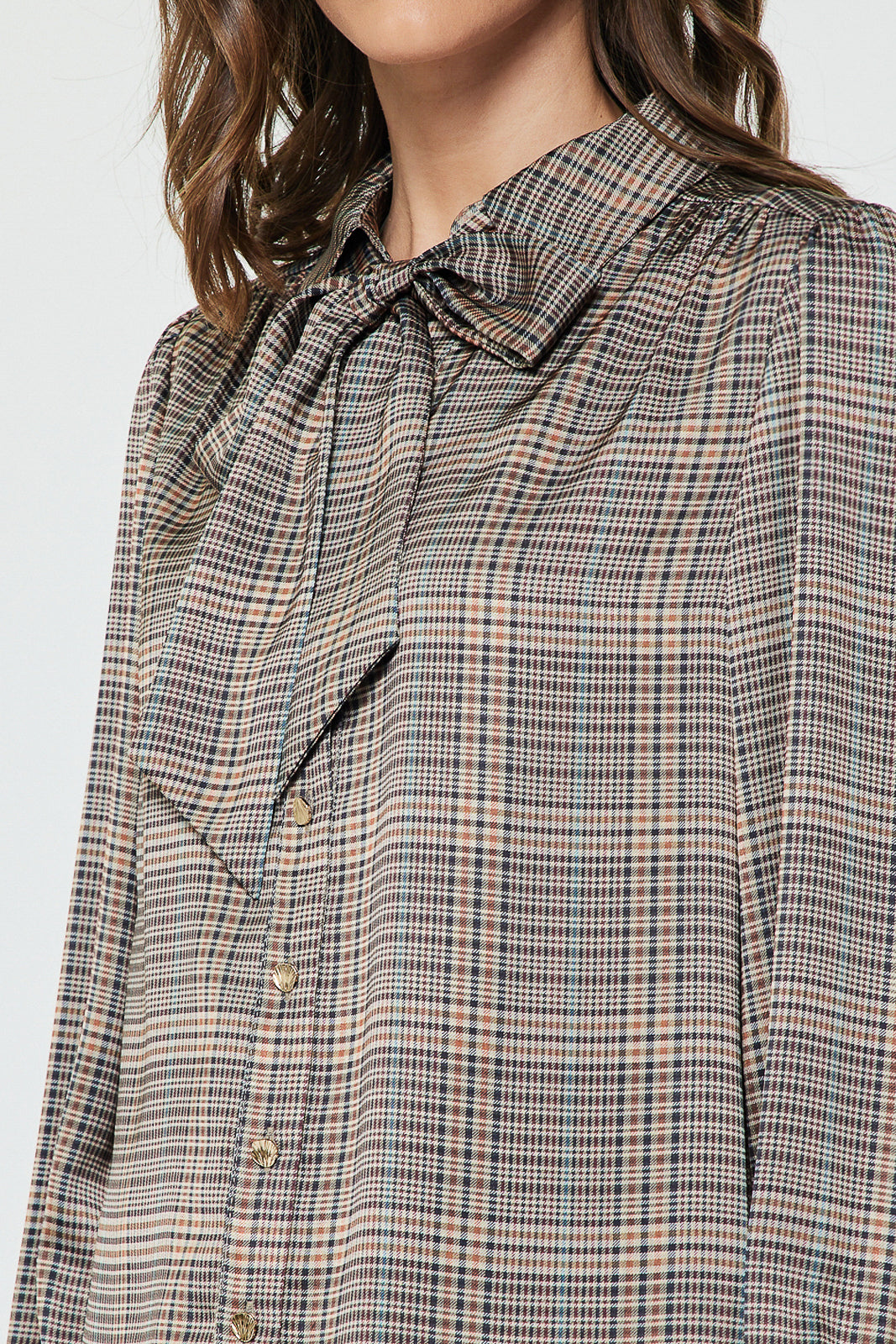 Plaid LS Button Down Self NeckTie Top