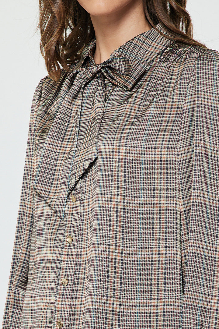 Plaid LS Button Down Self NeckTie Top