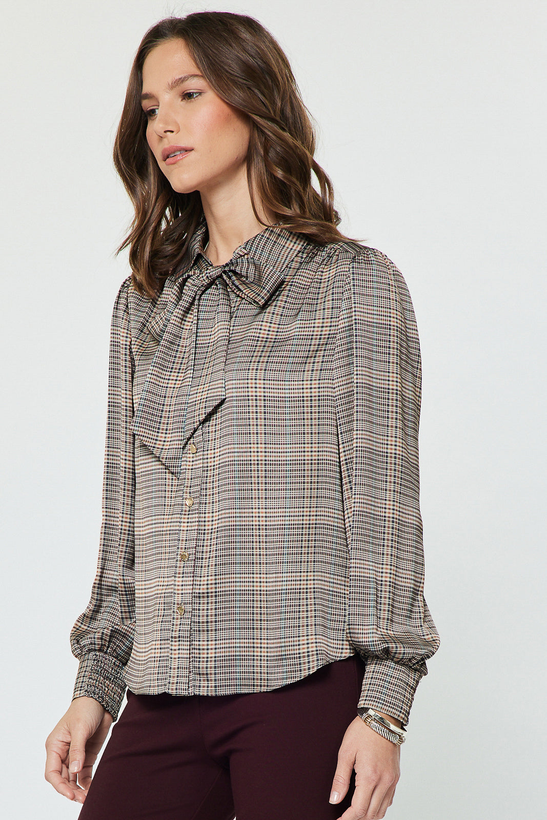Plaid LS Button Down Self NeckTie Top