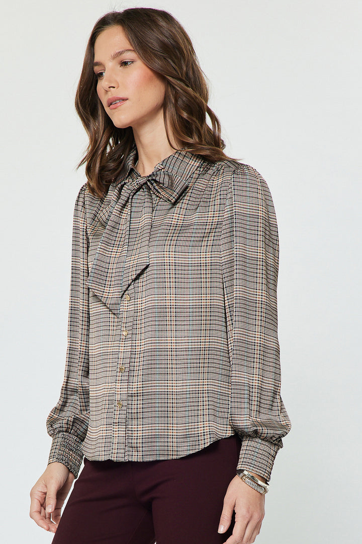 Plaid LS Button Down Self NeckTie Top