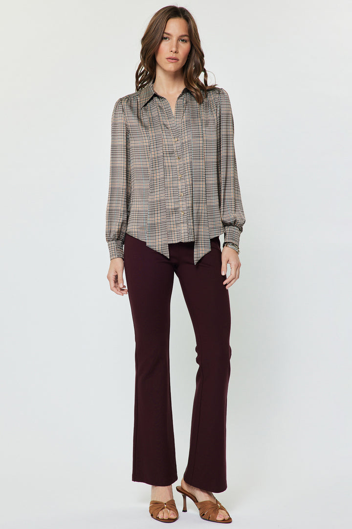 Plaid LS Button Down Self NeckTie Top