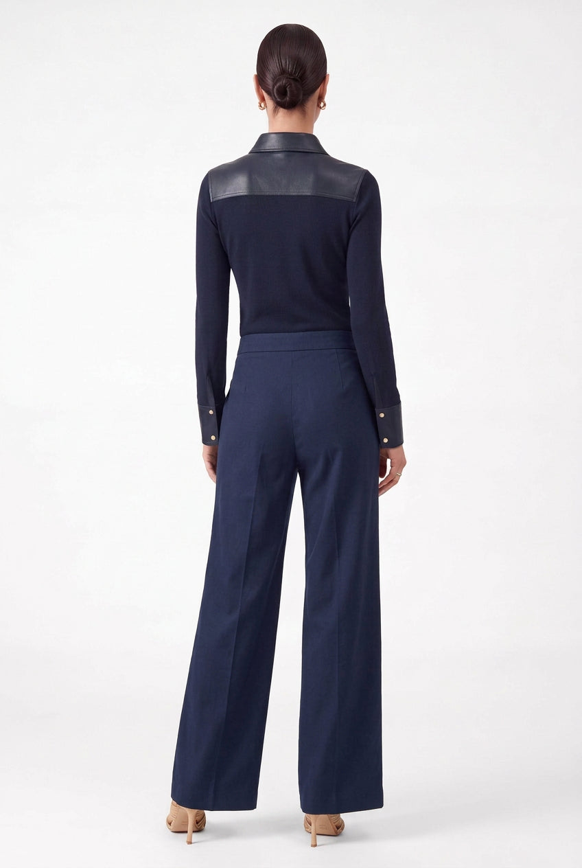 Ribbed Knit Faux Leather Polo Top