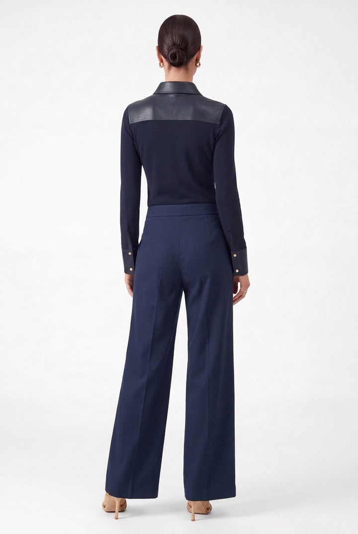 Ribbed Knit Faux Leather Polo Top