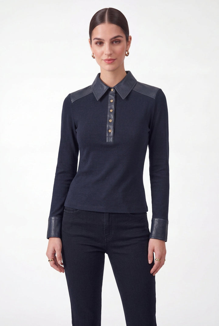 Ribbed Knit Faux Leather Polo Top