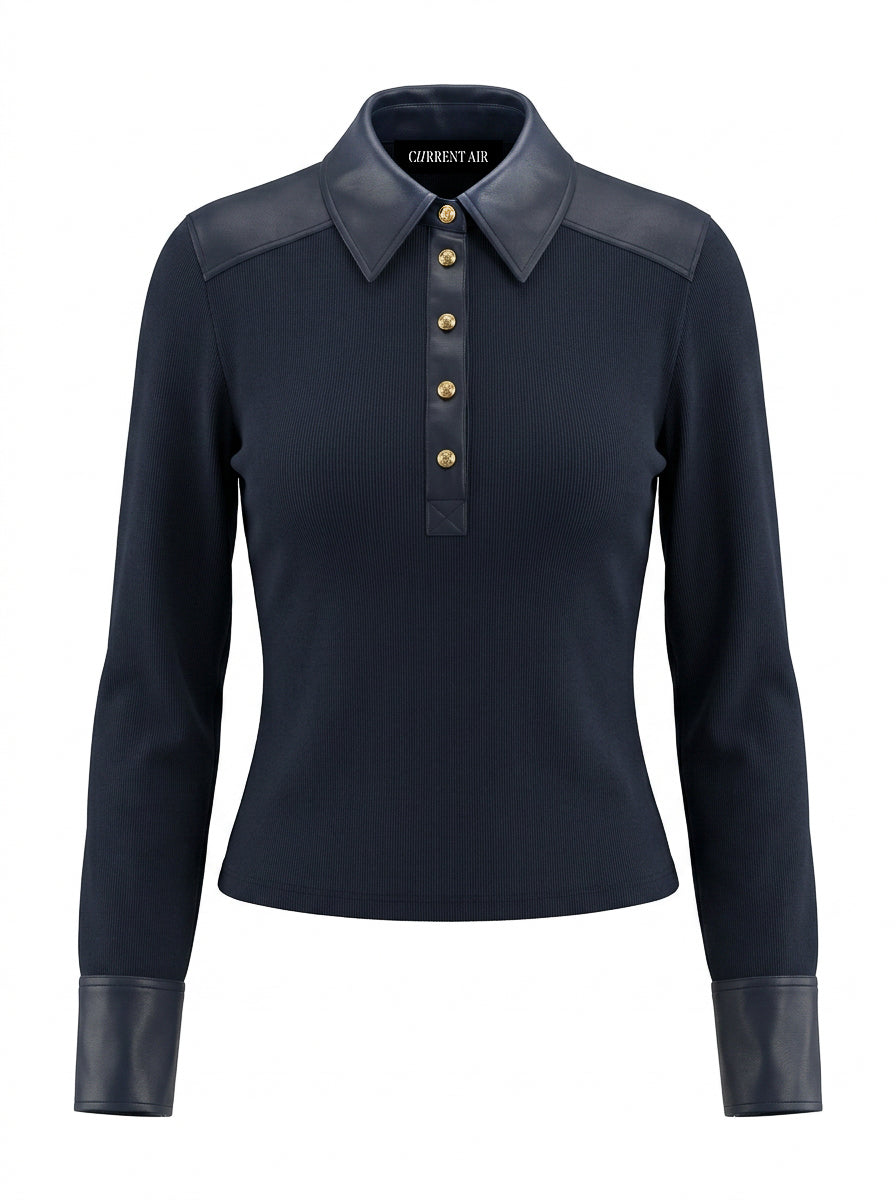 Ribbed Knit Faux Leather Polo Top