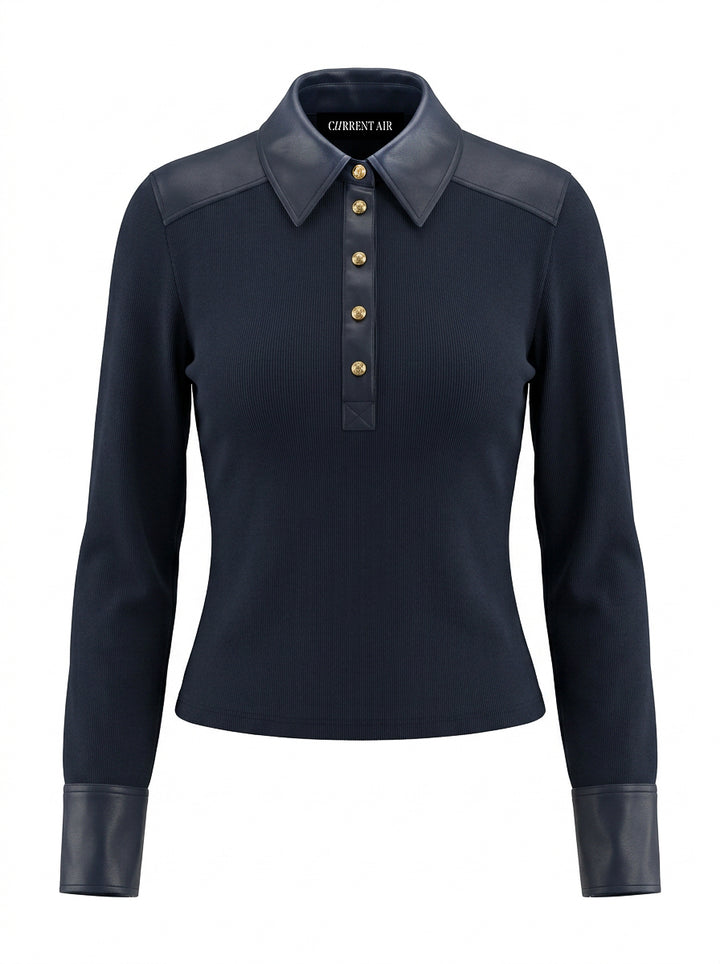 Ribbed Knit Faux Leather Polo Top